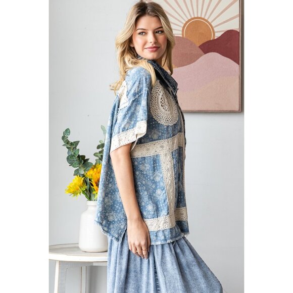 Oli & Hali Washed Crochet Patchwork Button Down Shirt NWOT Size Large - Picture 4 of 6